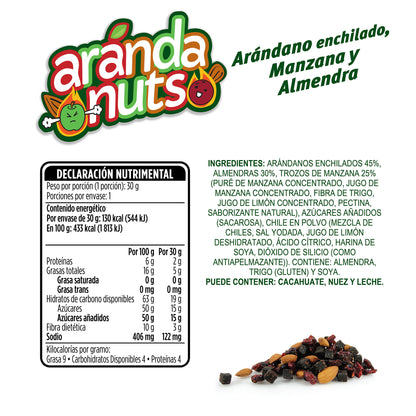 Bolsita Arándanuts® Arándanos enchilados, Manzana enchilada y almendras 25 gr