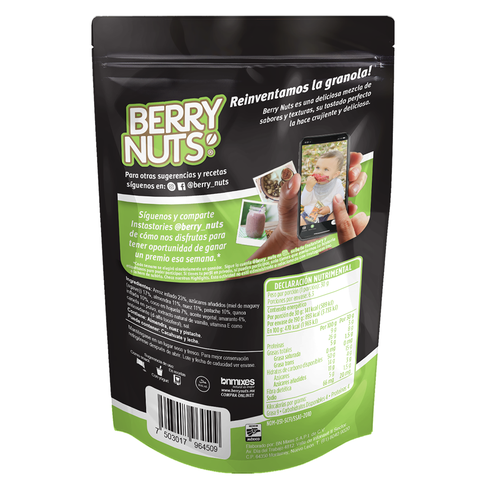 Granola Berry Nuts® Sin Gluten, Nuez, Pistache, Quinoa. 190gr 🌱