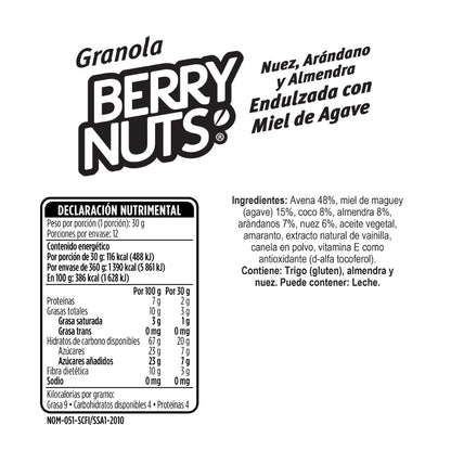 Granola Berry Nuts® Miel de Agave, Nuez, Arándano, Almendra. 360gr 🌱