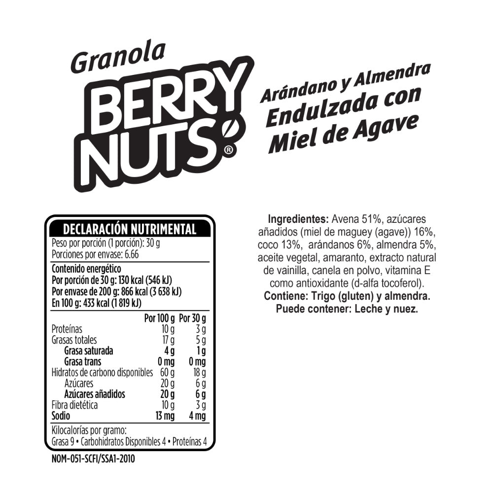 Granola Berry Nuts® Miel de Agave, Arándano, Almendra. 200gr 🌱
